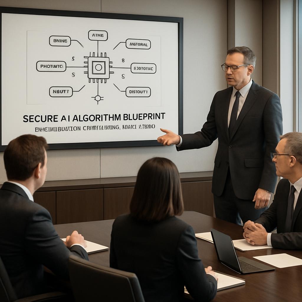 A four-person boardroom discussion with a man in a designer suit standing beside a large computer diagram labeled "Secure ...