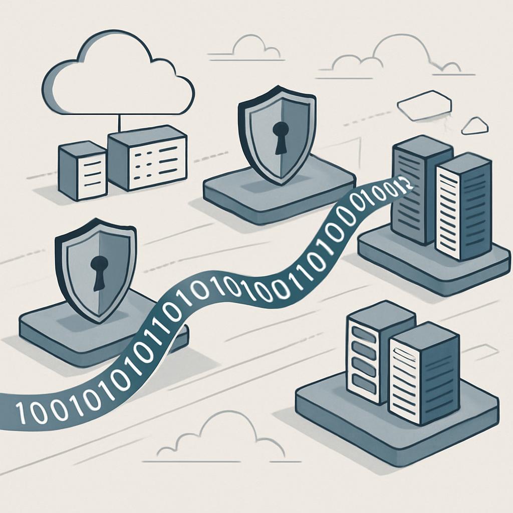 Binary code flowing through a cloud computing infrastructure with servers, depicting encryption and security.