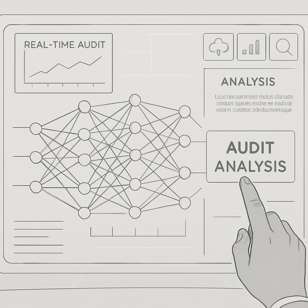 A computer screen displaying an audit analysis with a graph and network diagram, featuring a hand pointing at "AUDIT ANALY...