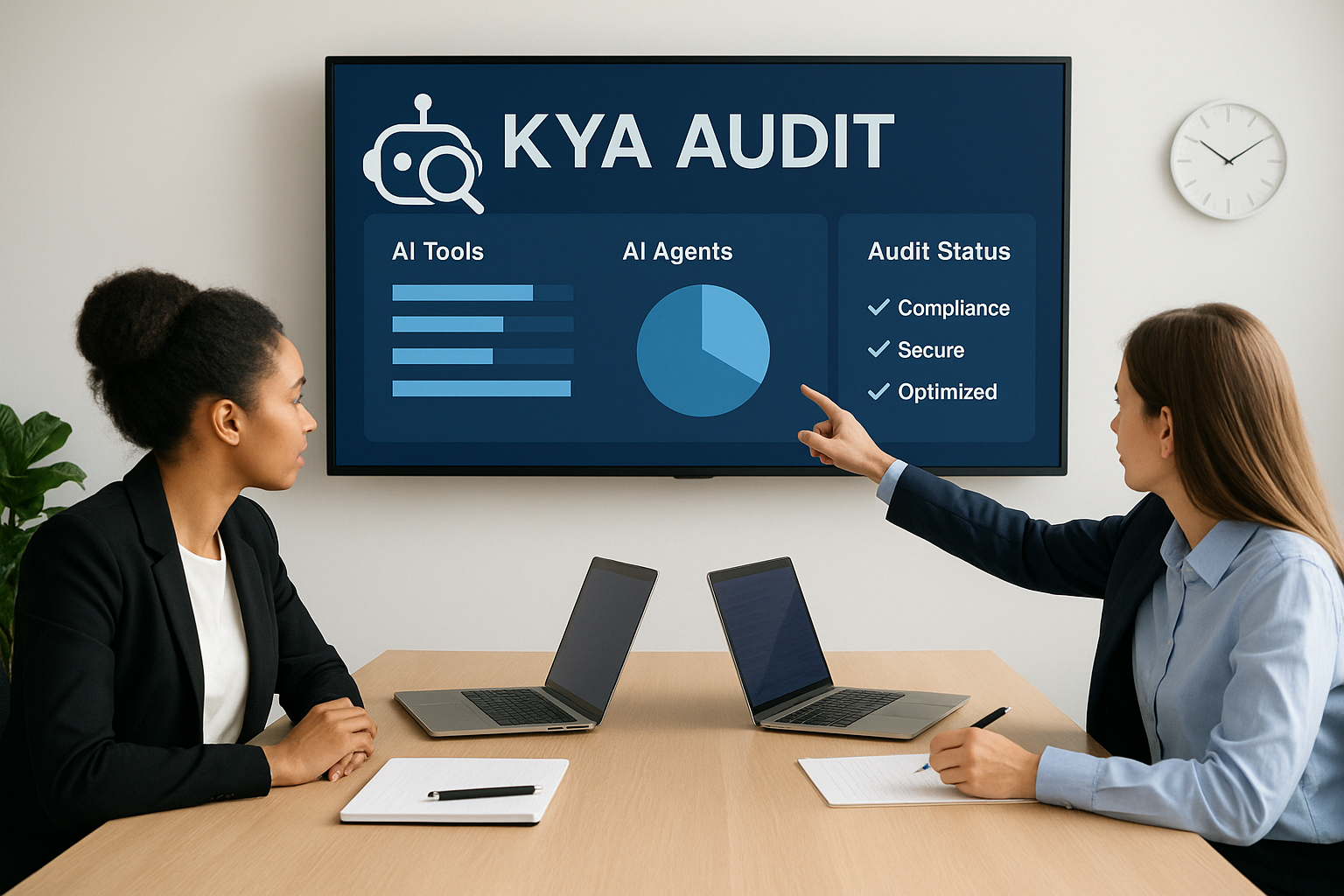 A business meeting scene with diverse professionals gathered around a table, all looking attentively at a large digital dashboard. The dashboard clearly displays an audit report focusing on their technology, with metrics and visual analytics specifically about AI agents’ compliance and reliability. Edit the dashboard so that: the word 'probability' is correctly spelled in the report; any text that previously said 'AI Expects' now says 'KYA Aufit'; and the bottom of the dashboard highlights best practices and guidelines for AI audit compliance, using bullet points or a guidance box.