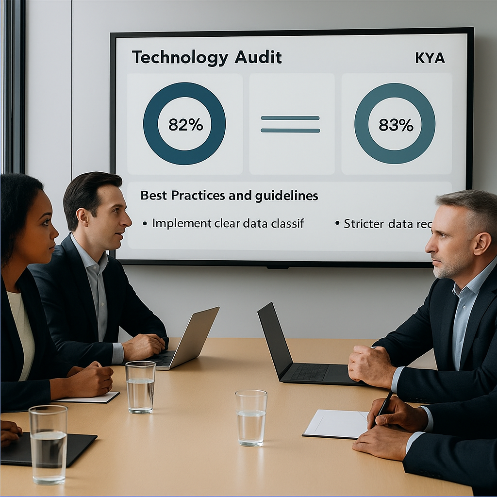 A four-person boardroom discussion with a man in a designer suit standing beside a large computer diagram labeled "Secure ...
